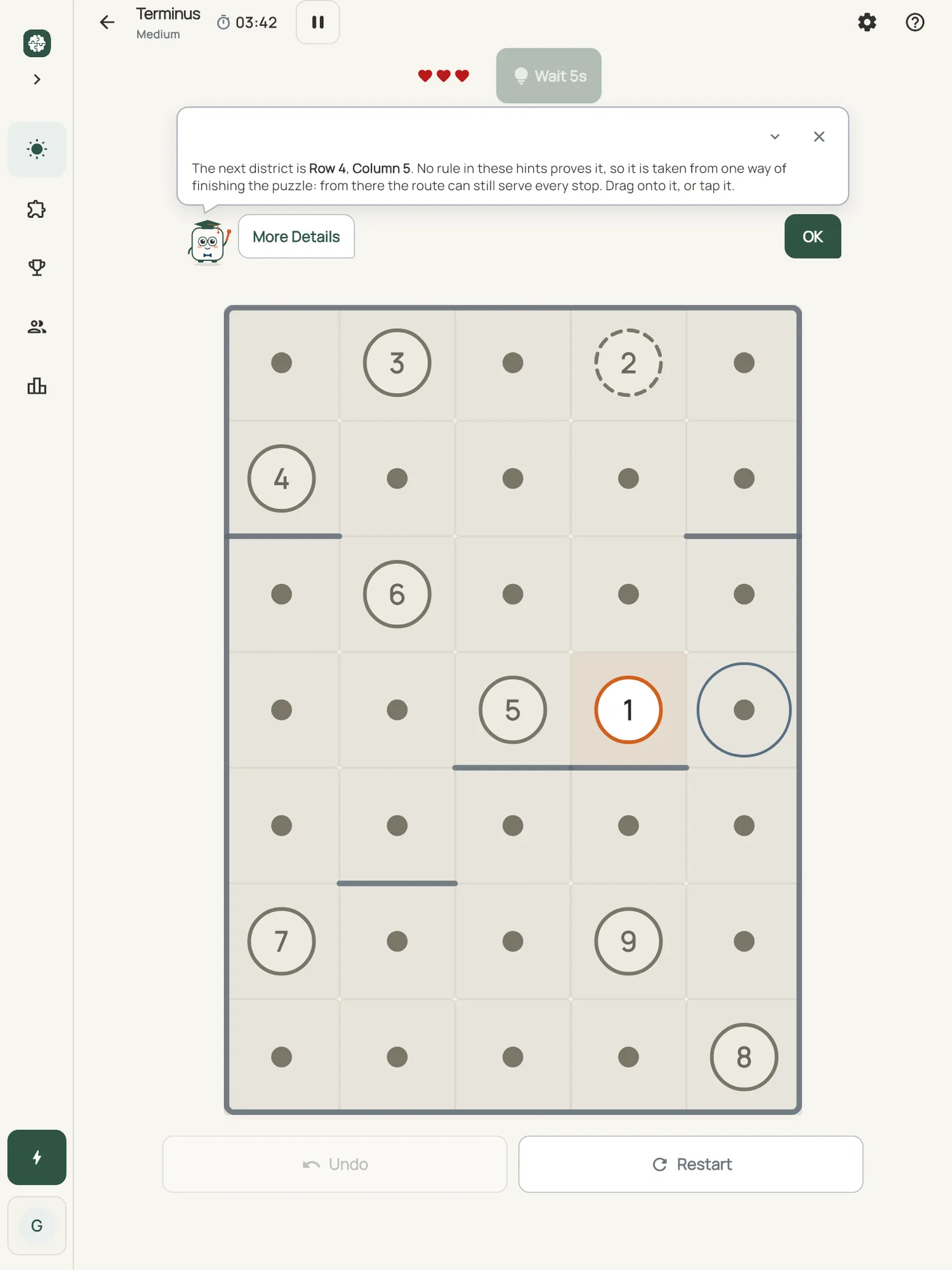 Terminus on iPad: a hint card explaining the next move