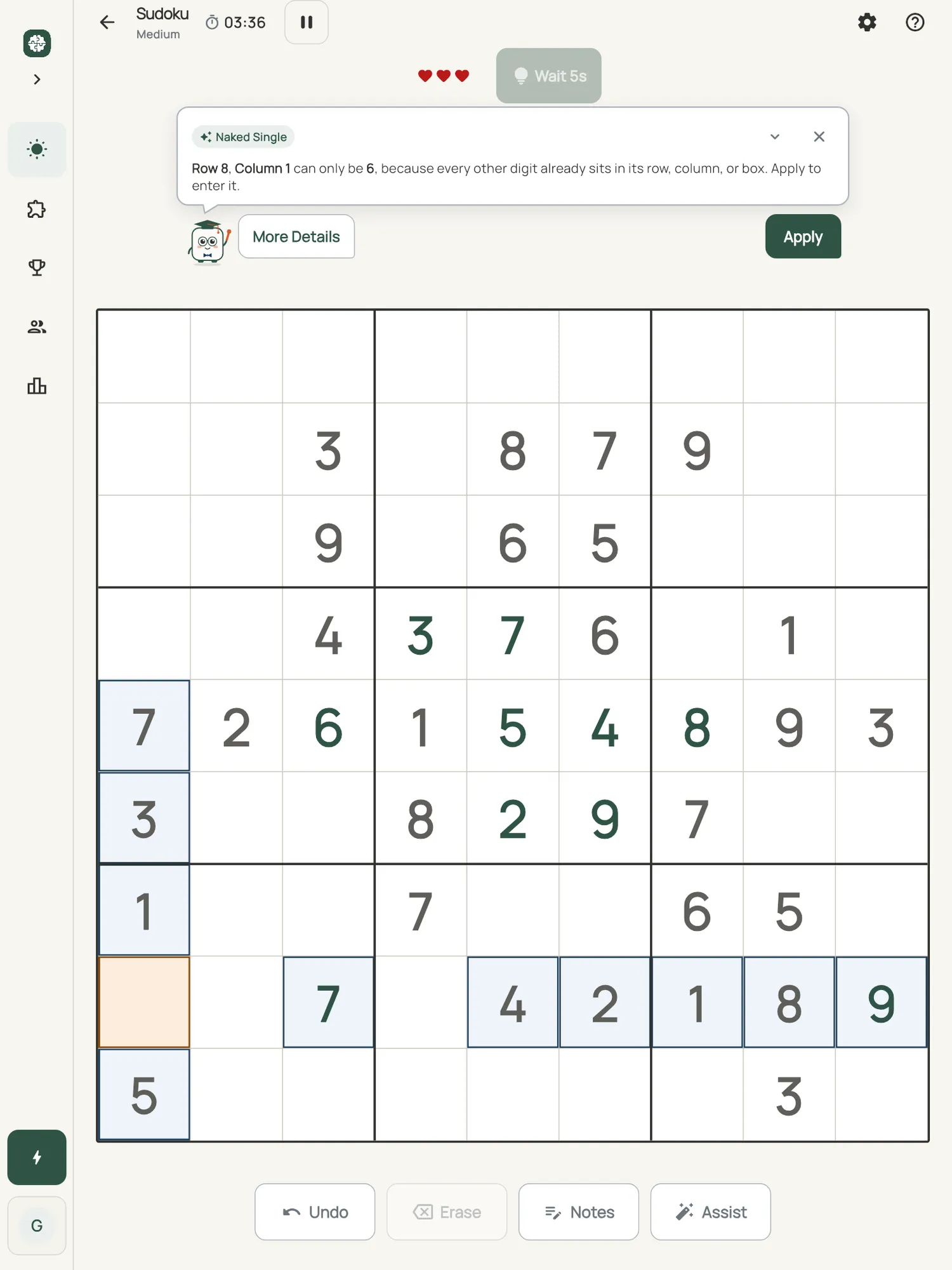 Sudoku on iPad: a hint card teaching Naked Single, with the squares it uses lit on the board