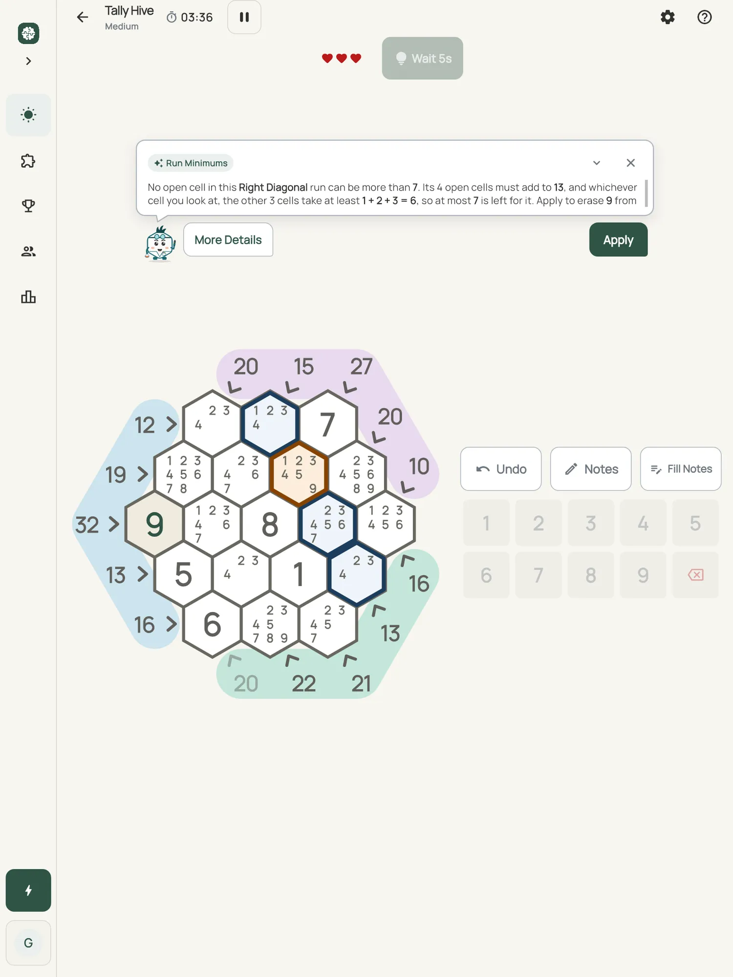 Tally Hive on iPad: a hint card teaching Run Minimums, with the squares it uses lit on the board