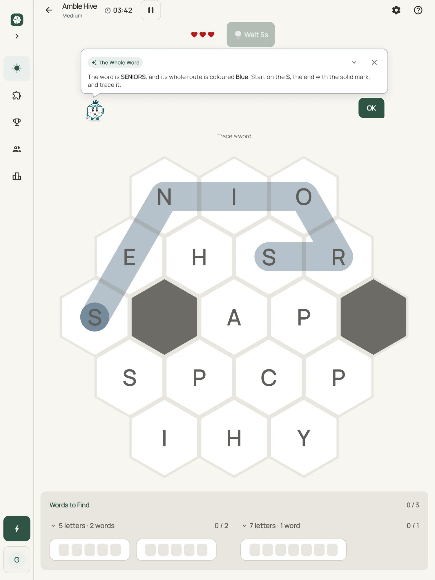 Amble Hive on iPad: a hint card teaching The Whole Word, with the squares it uses lit on the board