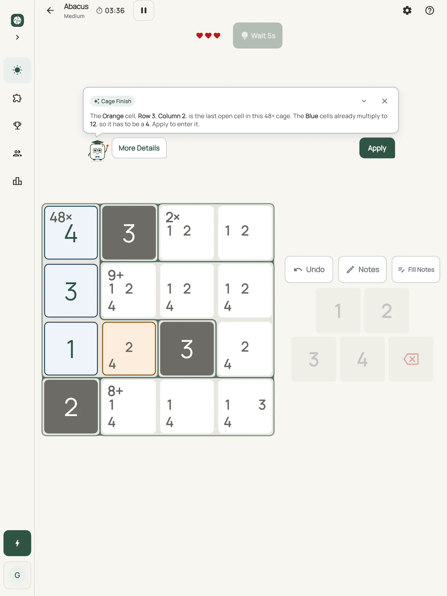 Abacus on iPad: a hint card teaching Cage Finish, with the squares it uses lit on the board