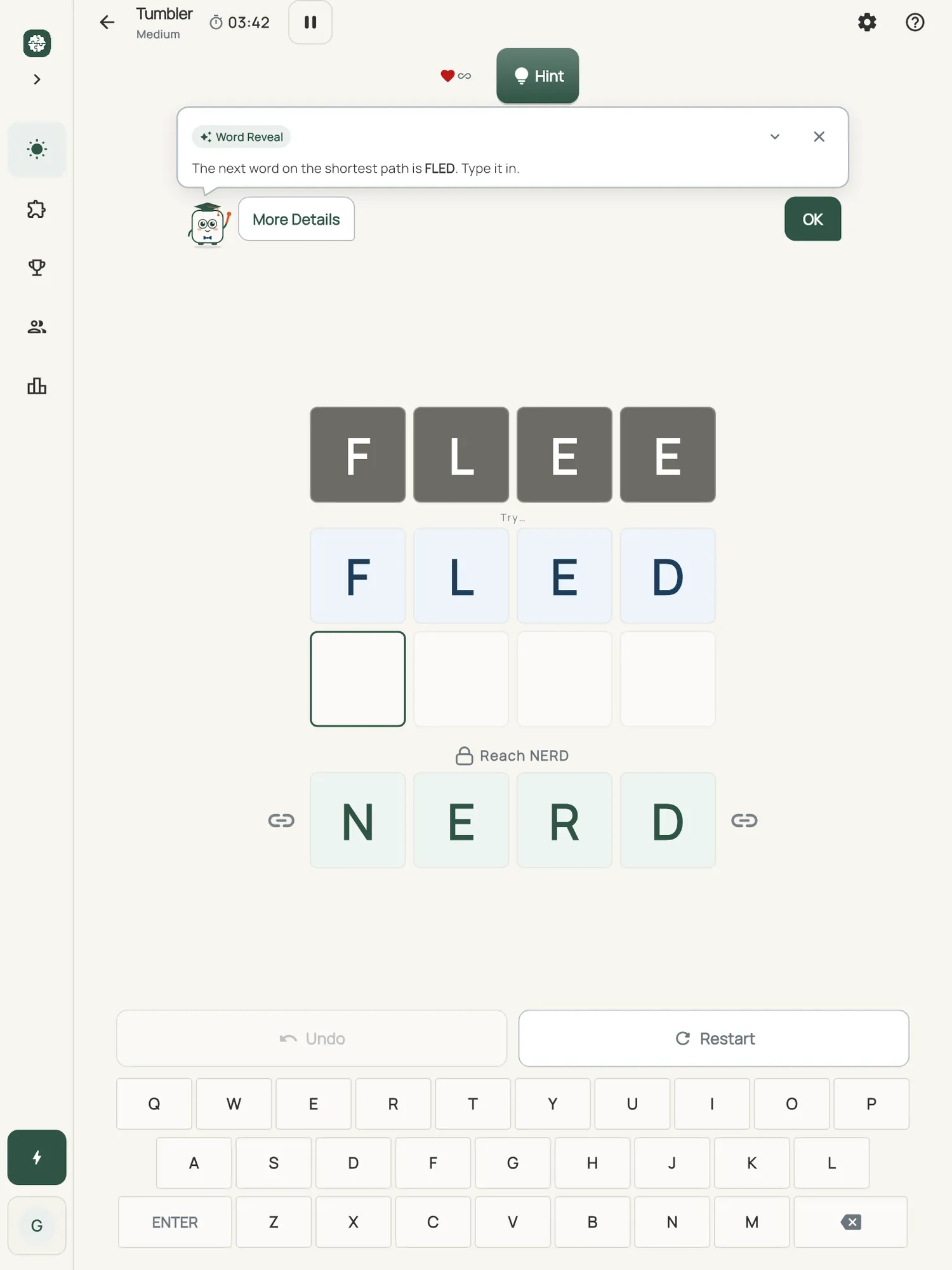 Tumbler on iPad: a hint card teaching Word Reveal, with the squares it uses lit on the board