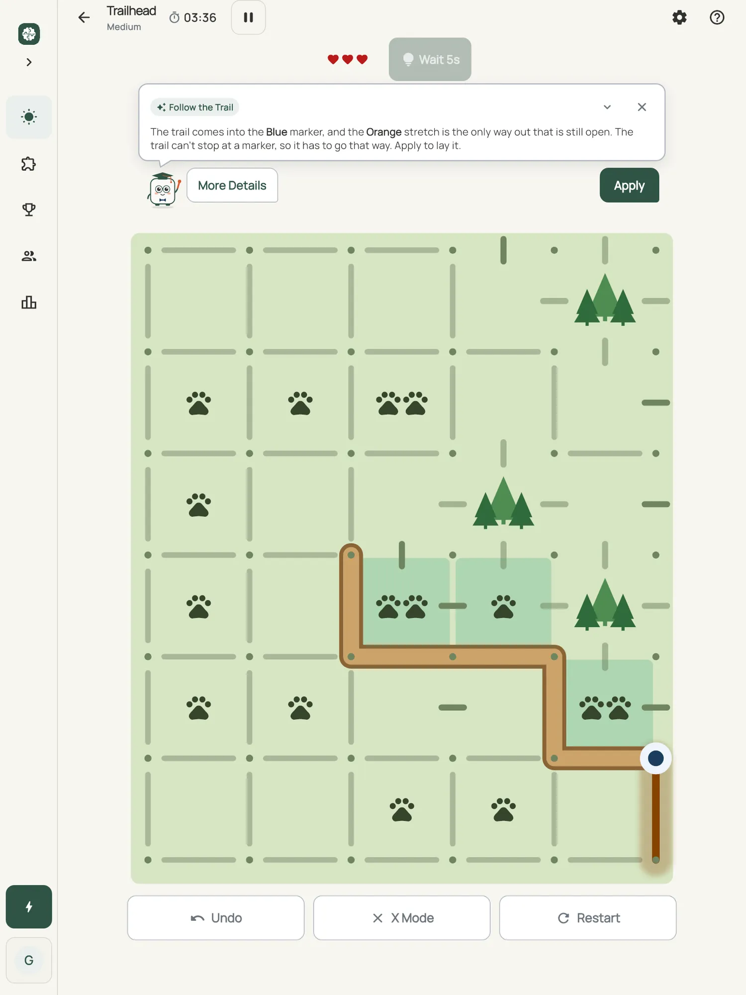 Trailhead on iPad: a hint card teaching Follow the Trail, with the squares it uses lit on the board