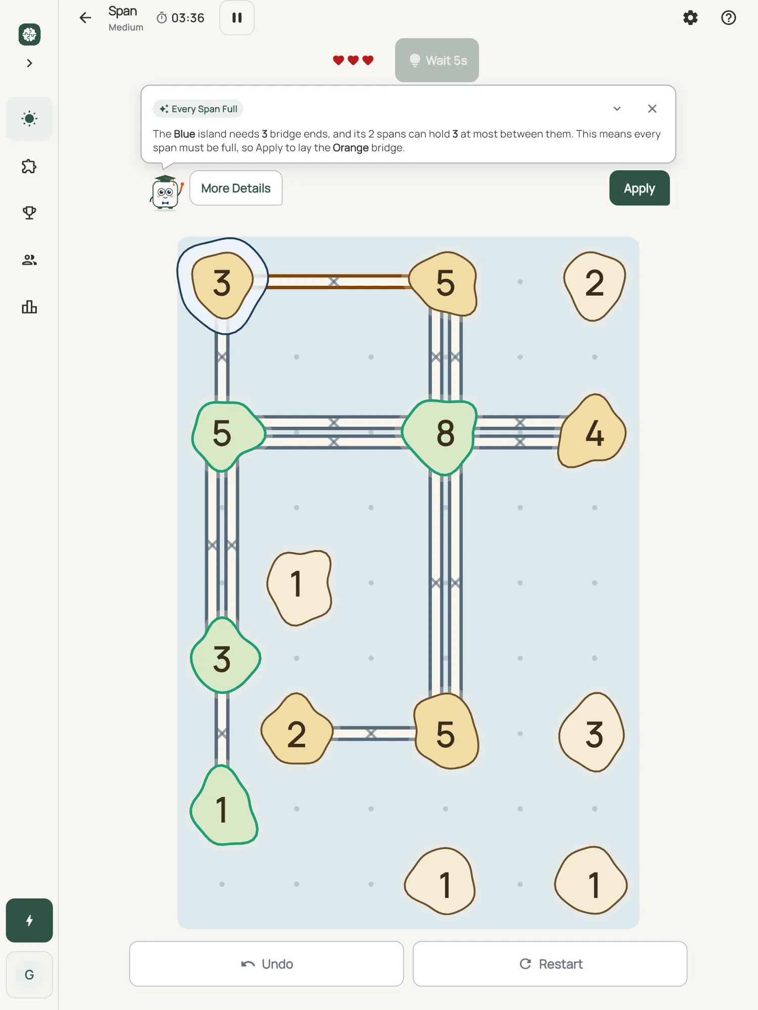 Span on iPad: a hint card teaching Every Span Full, with the squares it uses lit on the board