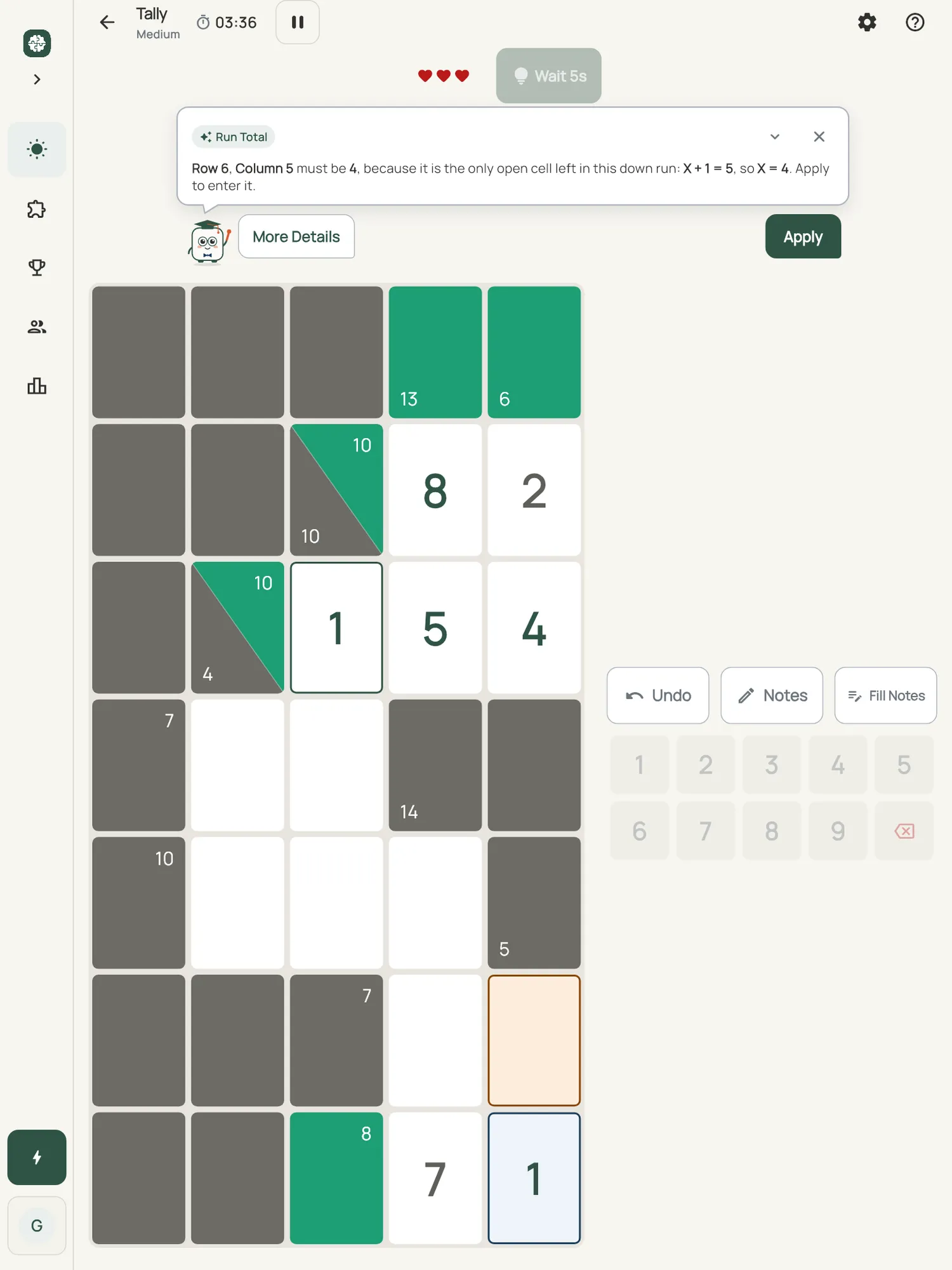 Tally on iPad: a hint card teaching Run Total, with the squares it uses lit on the board