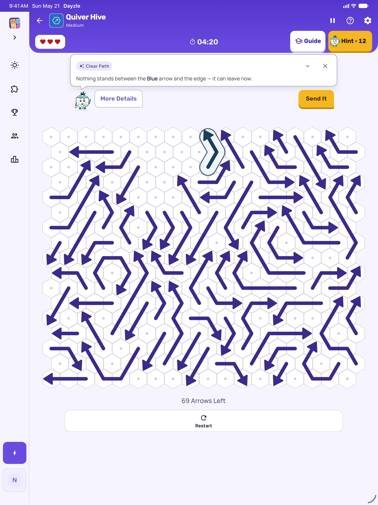 Quiver Hive on iPad: a hint lighting an arrow with a clear path