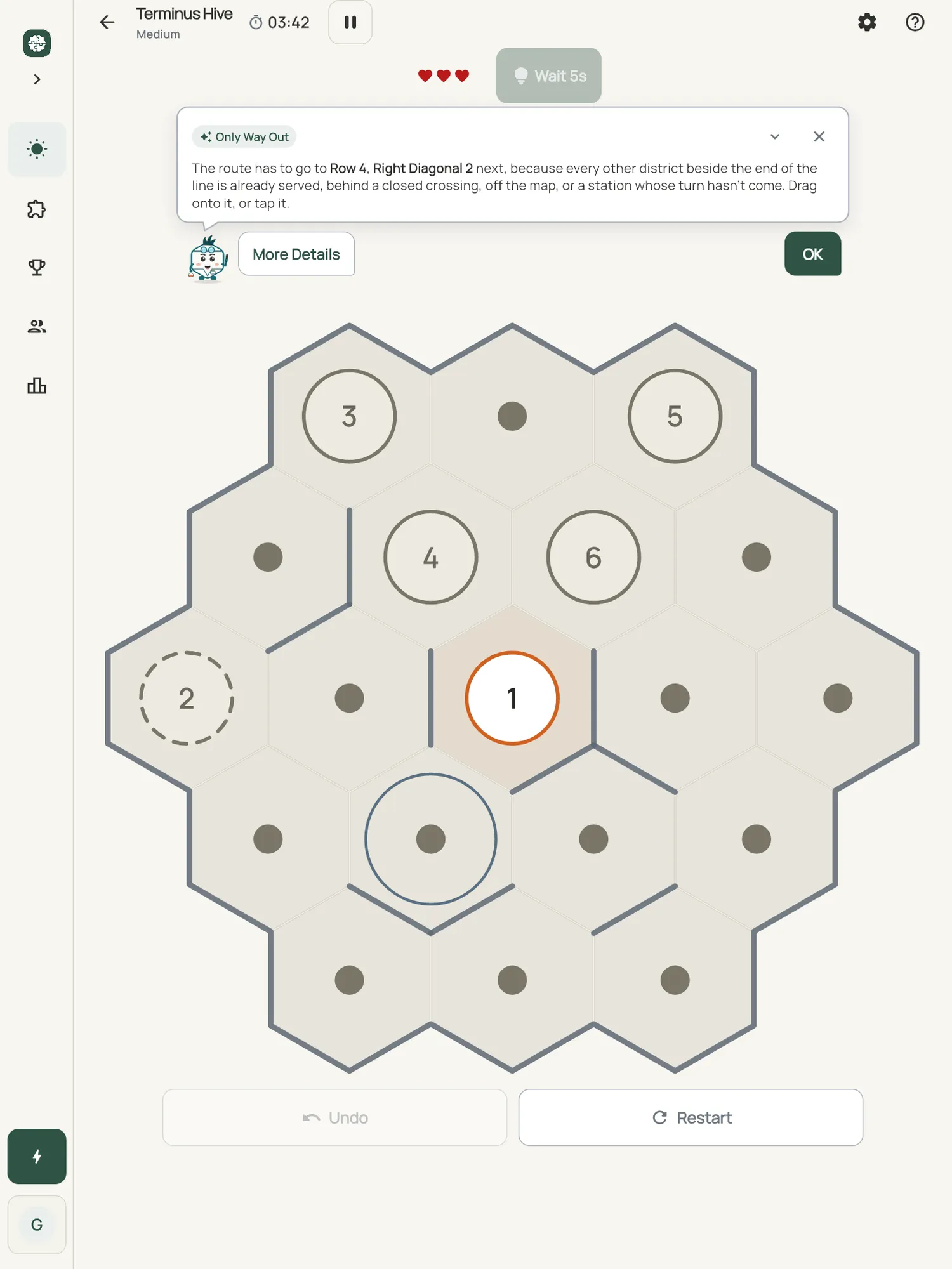 Terminus Hive on iPad: a hint card teaching Only Way Out, with the squares it uses lit on the board
