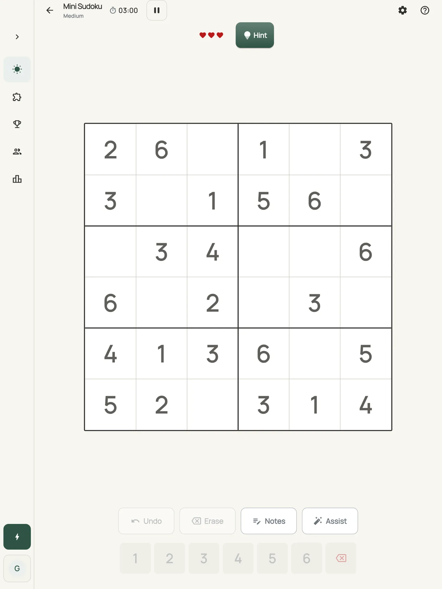 Mini Sudoku on iPad: a board in progress