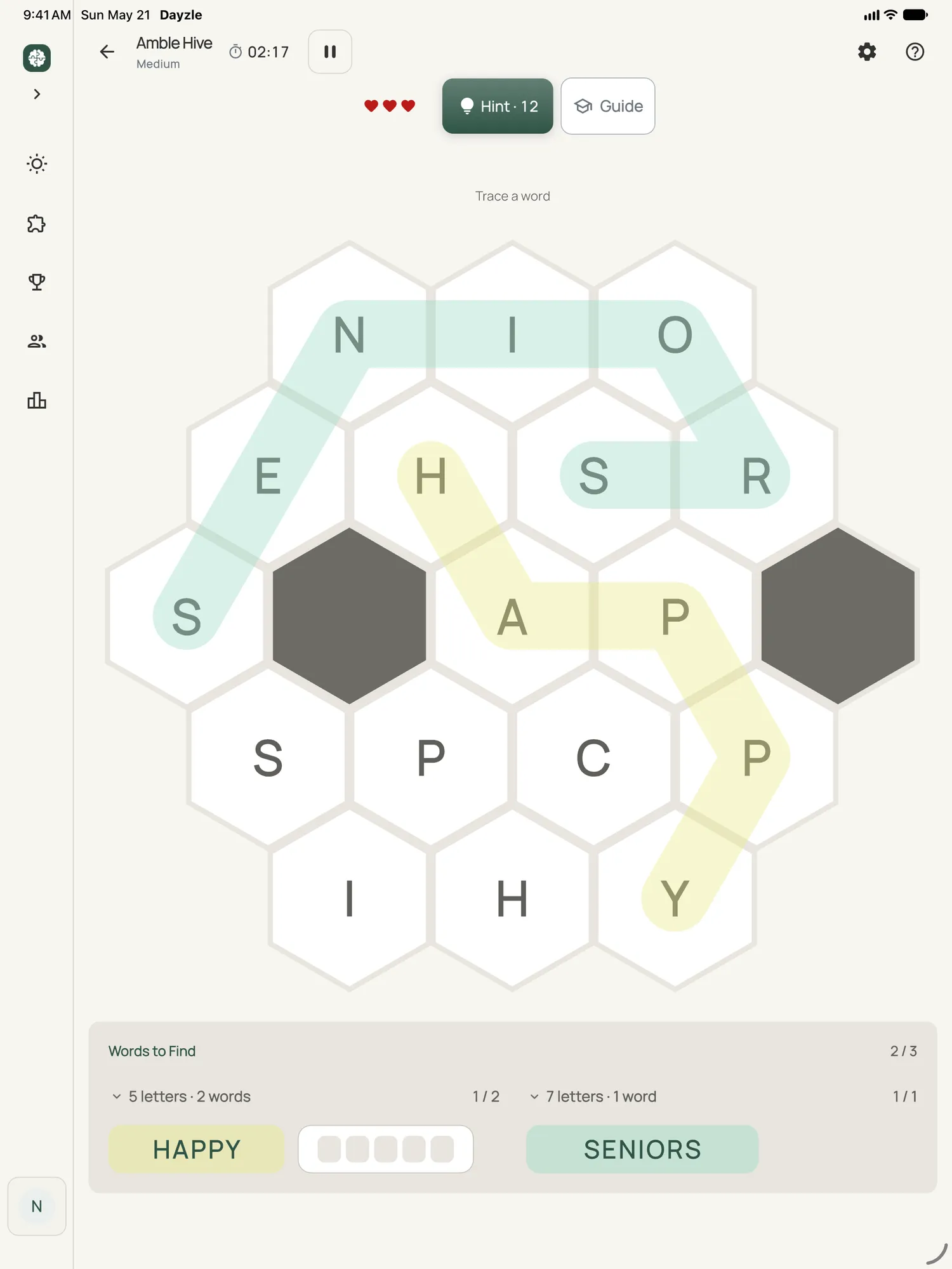 Amble Hive on iPad: a board in progress