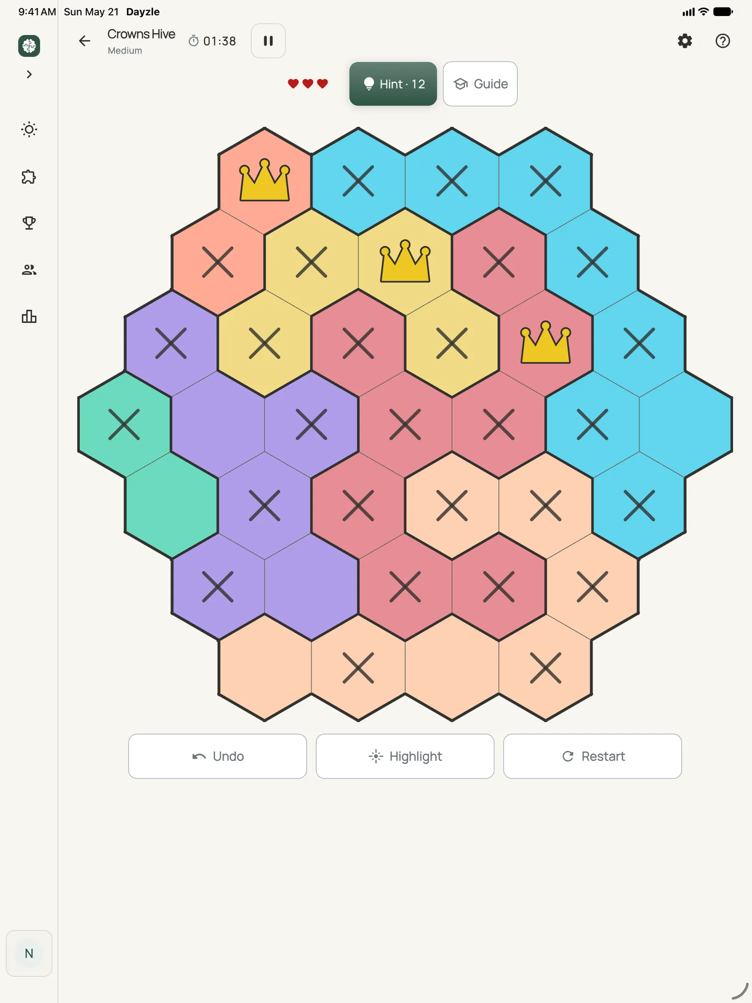 Crowns Hive on iPad: a board in progress
