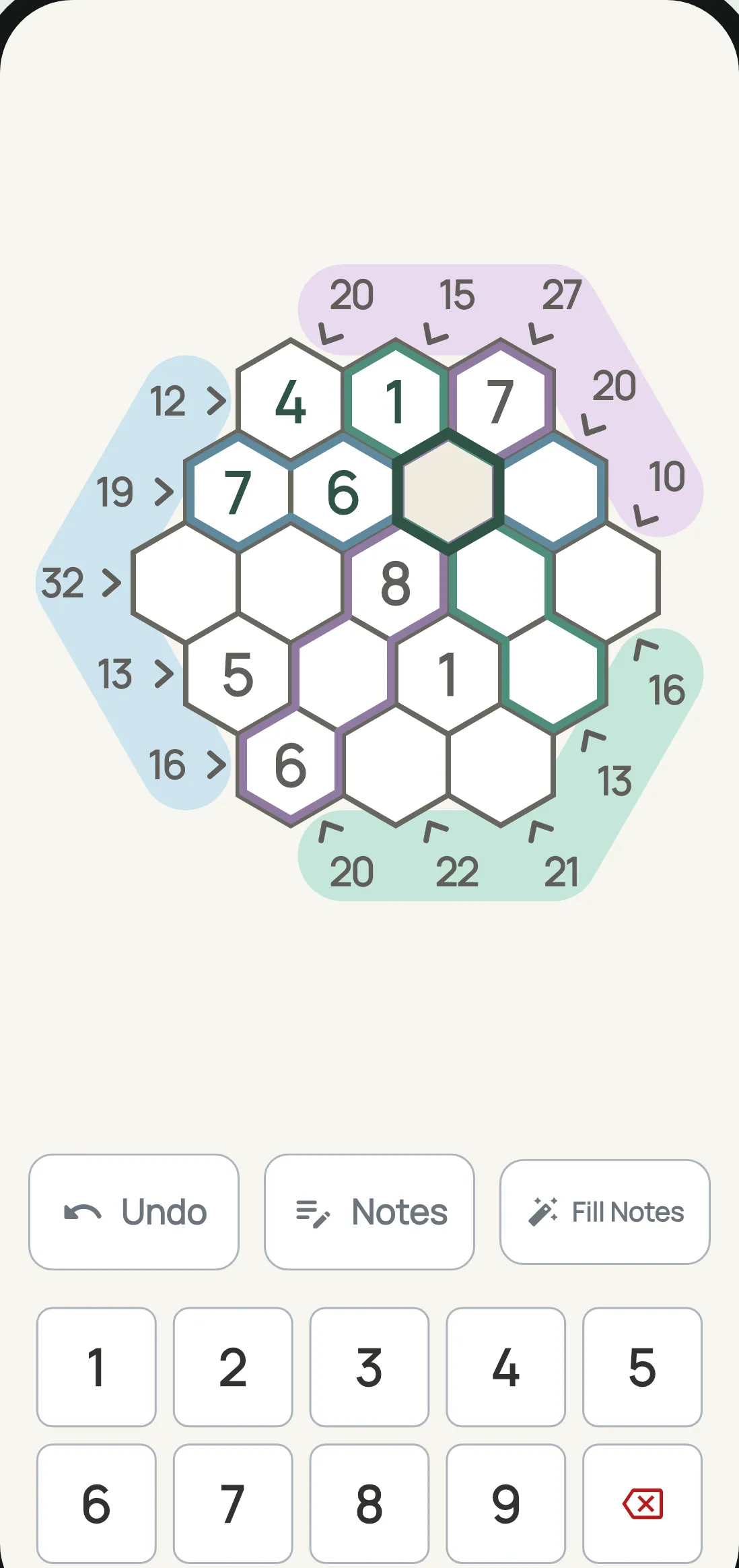 Tally Hive — kakuro on a hexagonal board, sums in three directions