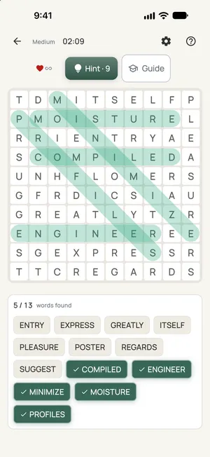 Word Search with found words listed below the grid