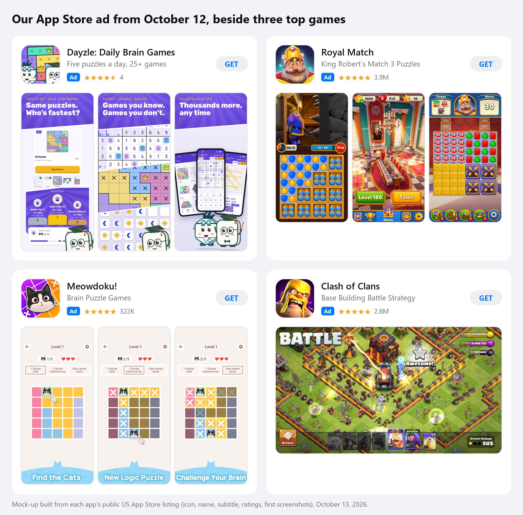 Dayzle's new App Store ad beside Royal Match, Meowdoku and Clash of Clans