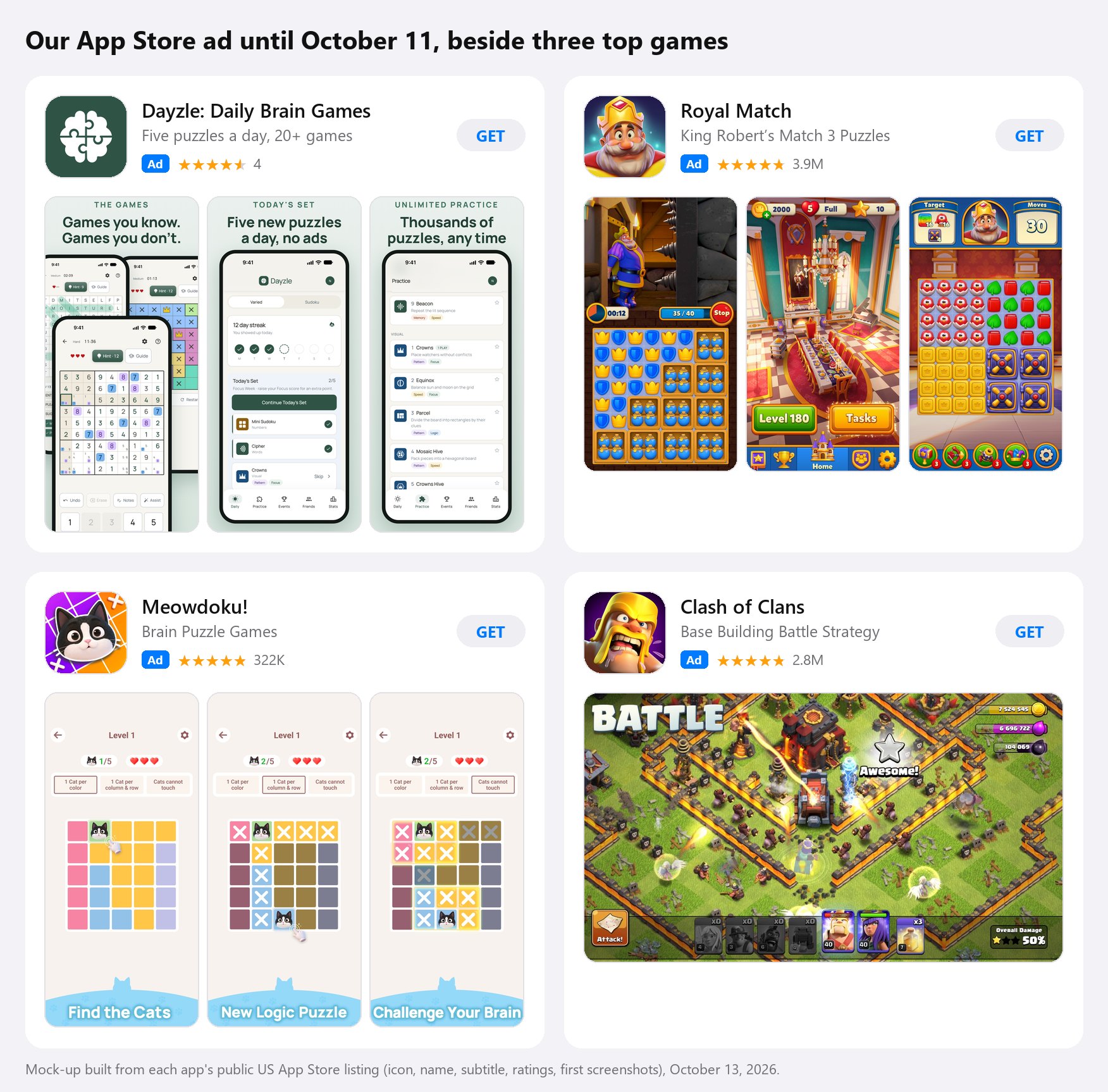 Dayzle's old App Store ad beside Royal Match, Meowdoku and Clash of Clans