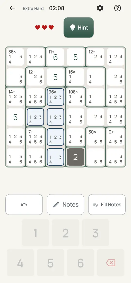 Abacus: the hint teaching Cage Combinations on a real board. Write out every way a cage can still be filled, and drop any note that appears in none of them.