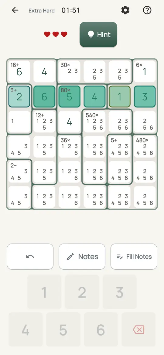 Abacus: the hint teaching Cage Finish on a real board. A cage with one empty cell left: the target and the digits already in it name the last digit.