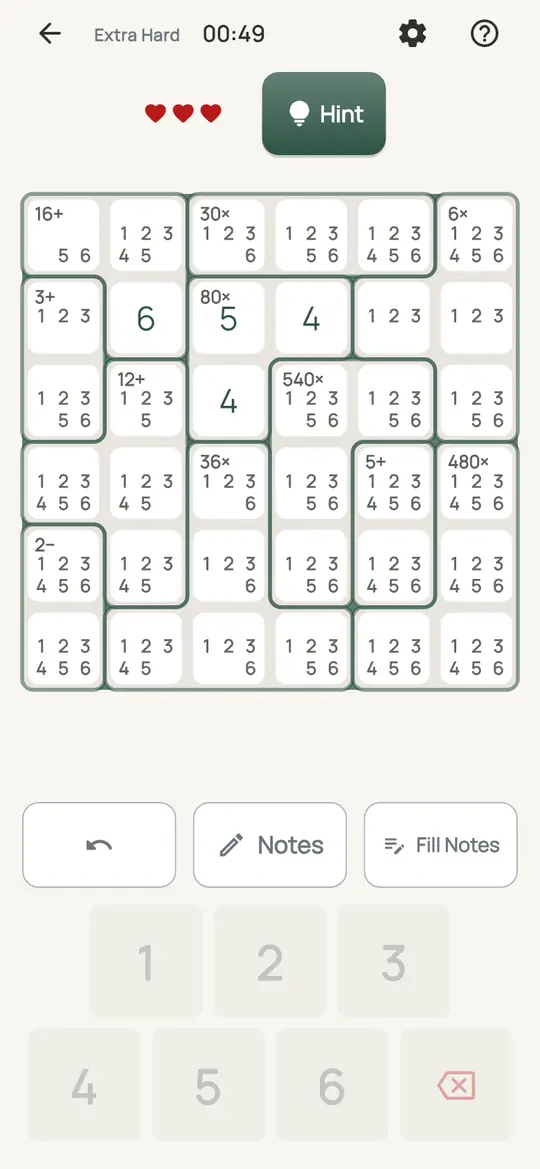 Abacus: the hint teaching Cage Lock on a real board. A cage whose open cells can only hold one set of digits, whatever order they go in.