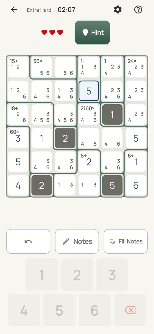 Abacus: the hint teaching Cage Pairs on a real board. A two-cell − or ÷ cage with one cell filled leaves only two possible digits for the other.