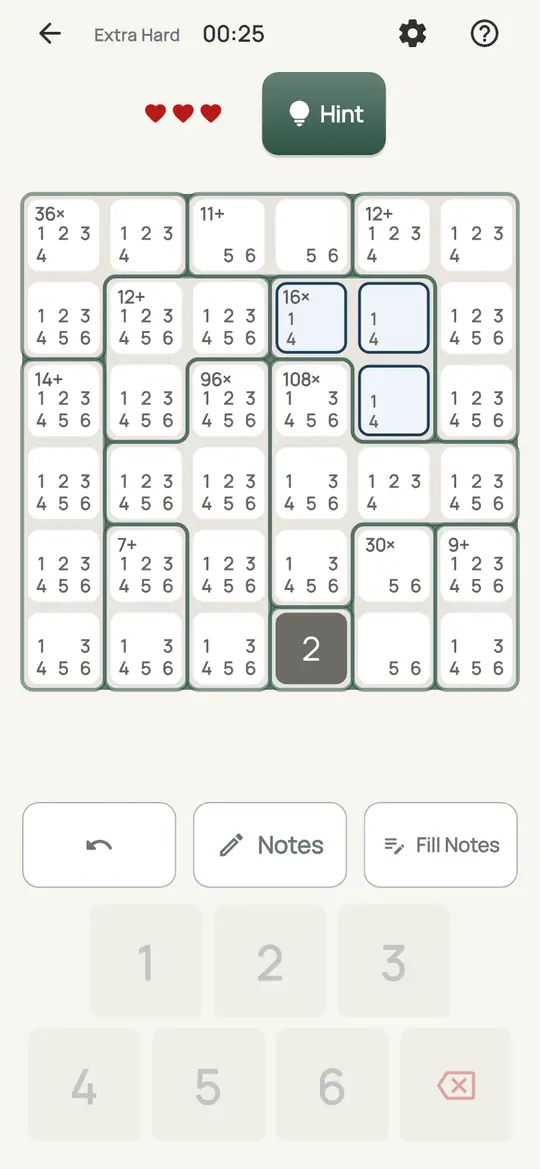 Abacus: the hint teaching Naked Pair on a real board. Two cells in one row or column whose notes are the same two digits.