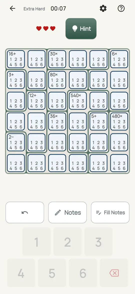 Abacus: the hint teaching Repeated Factors on a real board. An L-shaped multiplying cage whose only way to reach the target uses one digit twice.