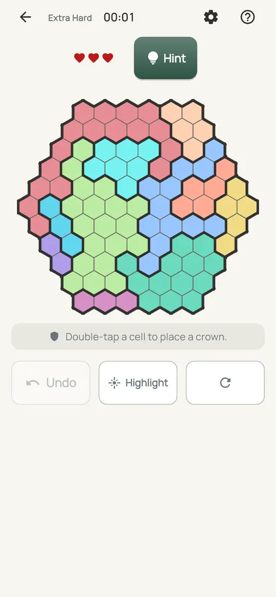Crowns Hive: the hint teaching Colour Points on a real board. Find a colour whose open cells all sit on one line. No other colour can have a crown on that line.