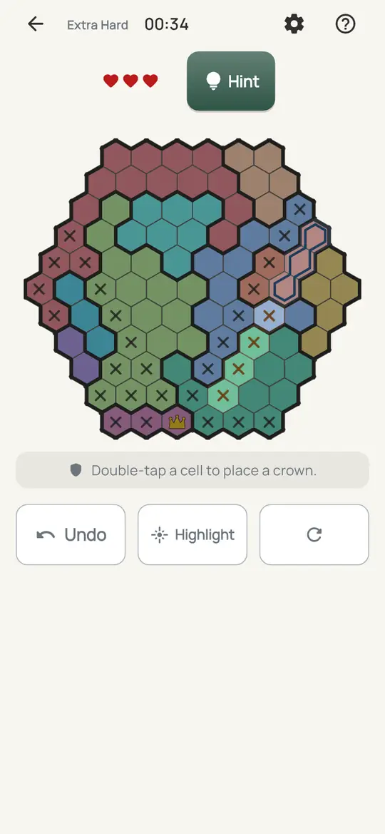 Crowns Hive: the hint teaching Line Points on a real board. Find a line whose open cells are all one colour. That colour can't have a crown anywhere off that line.