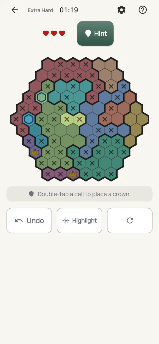 Crowns Hive: the hint teaching Locked Set on a real board. Find a group of colours whose open cells fit on the same number of lines. Those lines are used up.