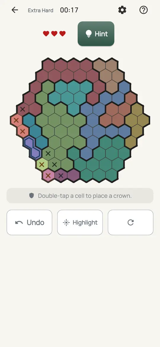 Crowns Hive: the hint teaching Only Cell Left on a real board. Find a row, diagonal or colour with only one open cell left. Its crown goes there.