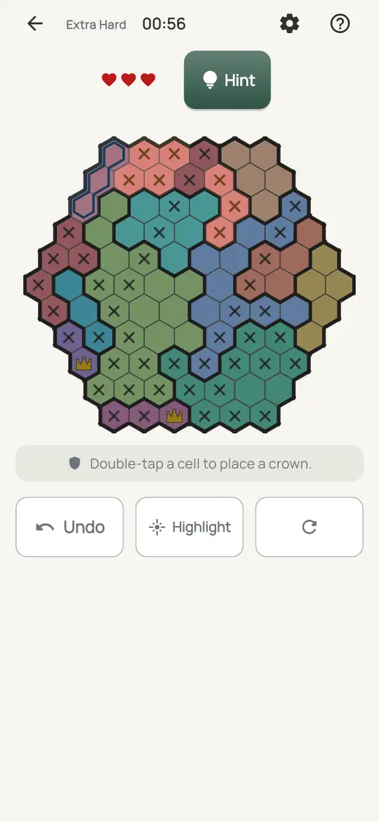 Crowns Hive: the hint teaching Squeeze on a real board. Find a cell that every remaining option of some line or colour would rule out. It can't have a crown.