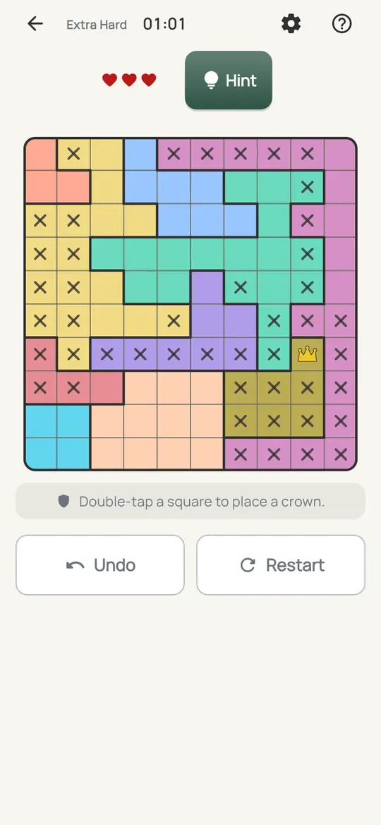 Crowns: the hint teaching Colour Points on a real board. Find a colour whose open squares all sit in one row or column. No other colour can have a crown in that line.