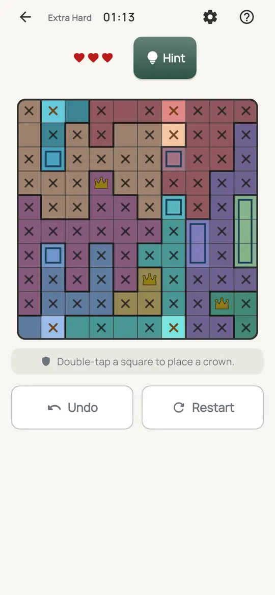 Crowns: the hint teaching Dead End on a real board. Suppose a crown on a square and follow the moves it forces. If a colour runs out of squares, that square can't have a crown.