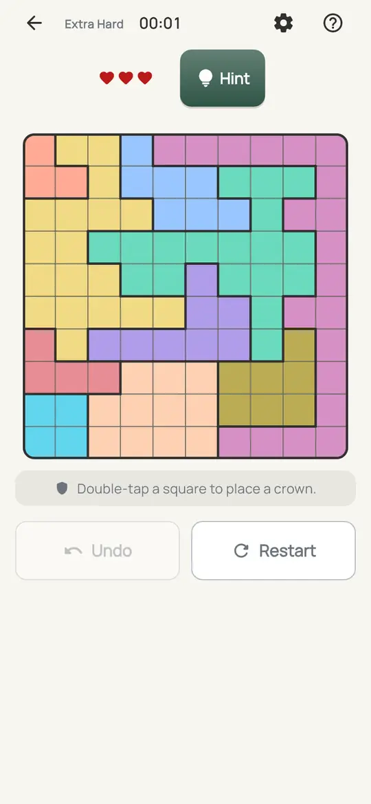 Crowns: the hint teaching Line Points on a real board. Find a row or column whose open squares are all one colour. That colour can't have a crown anywhere else.