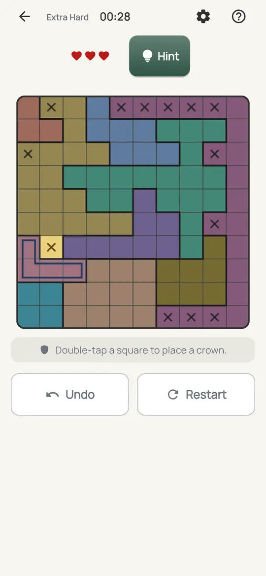 Crowns: the hint teaching Locked Set on a real board. Find a group of colours whose open squares fit into the same number of rows or columns. Those lines are used up.