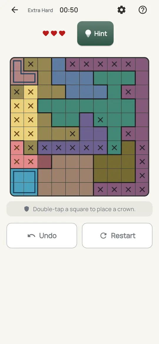 Crowns: the hint teaching Only Square Left on a real board. Find a row, column or colour with only one open square left. Its crown goes there.