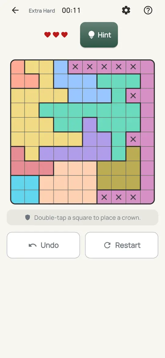 Crowns: the hint teaching Squeeze on a real board. Find a square that every remaining option of some row, column or colour would rule out. It can't have a crown.