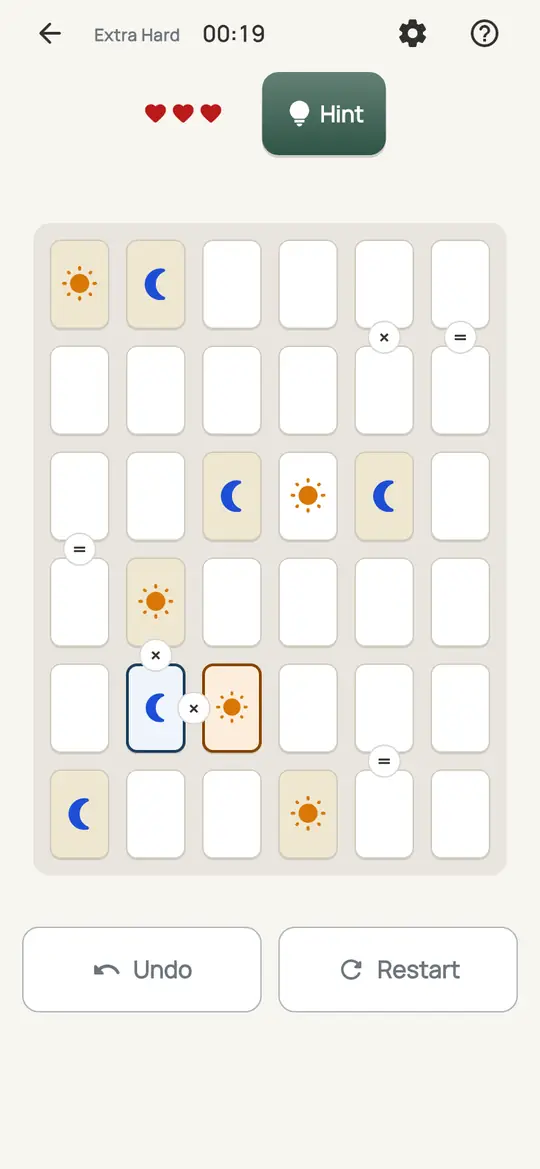 Equinox: the hint teaching Double at the End on a real board. Find two of a symbol together at one end of a line. The cell at the far end takes the other symbol.