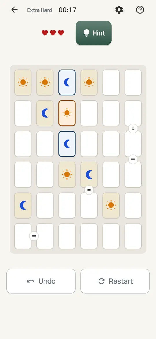 Equinox: the hint teaching Line Balance on a real board. Find a row or column that already has three of one symbol. Every empty cell left in it is the other symbol.