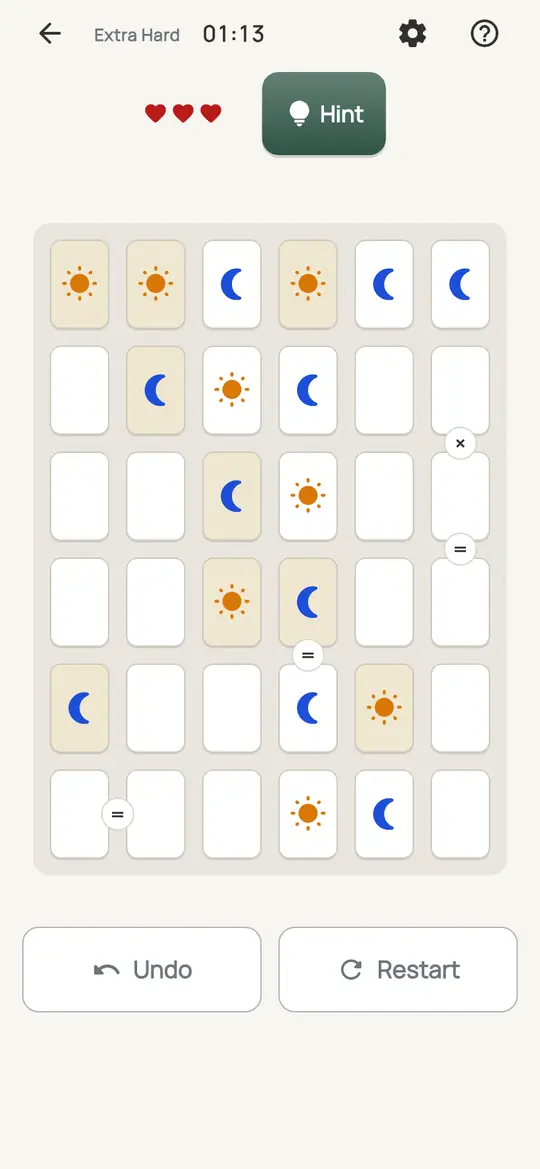 Equinox: the hint teaching Matching Ends on a real board. Find a line with the same symbol at both ends. The two cells next to the ends take the other symbol.