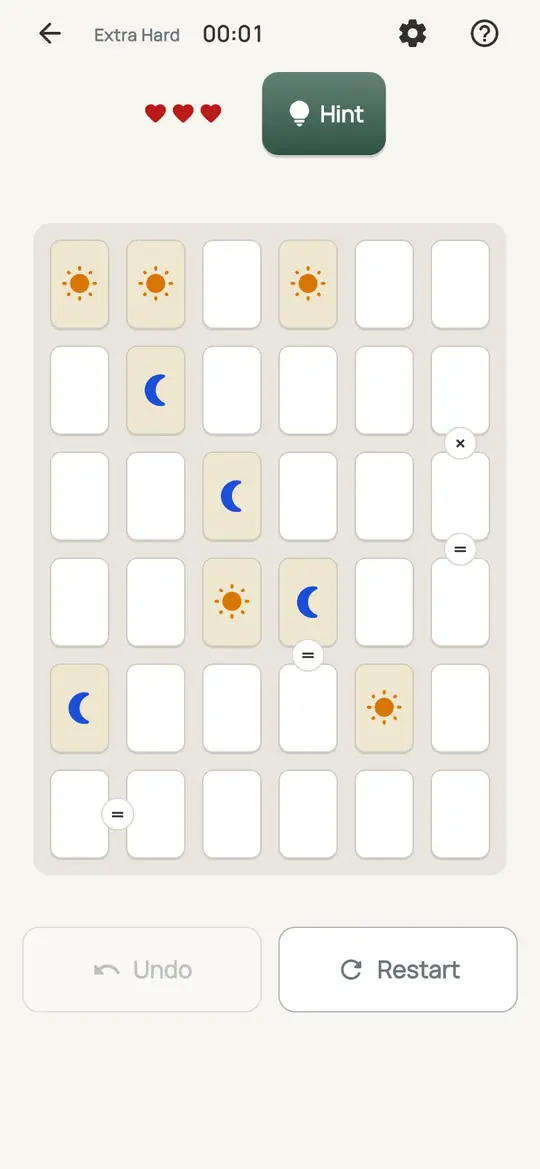 Equinox: the hint teaching No Three in a Row on a real board. Find two of a symbol side by side, or two with one gap between them. The cells beside the pair, or the gap, take the other symbol.