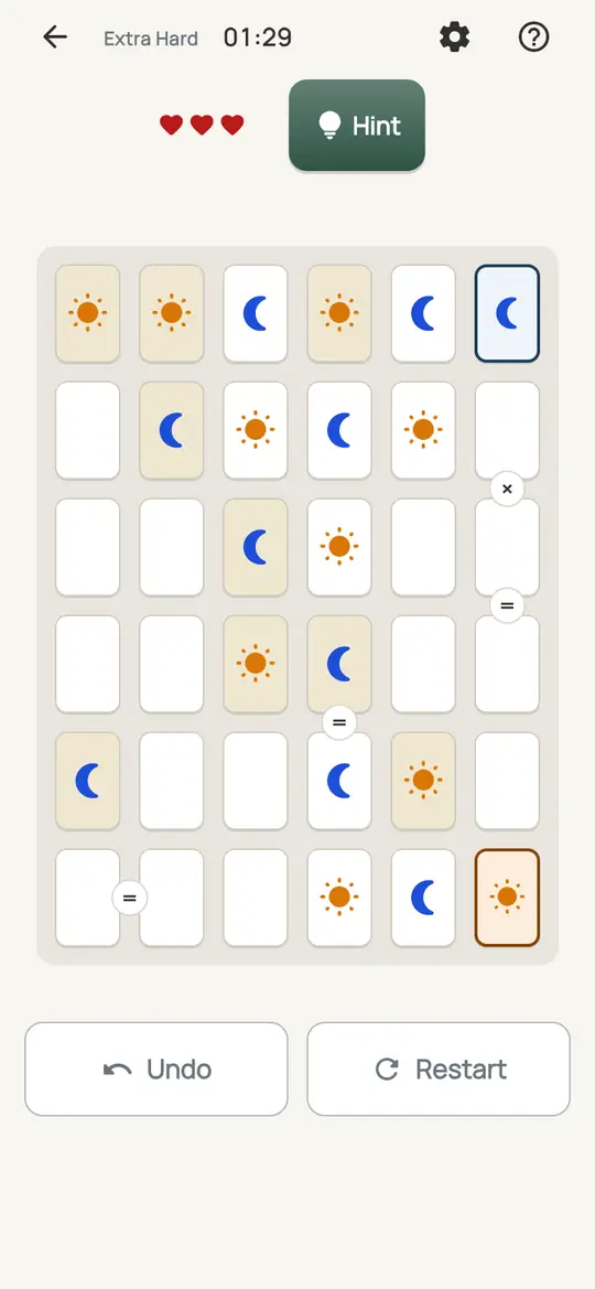 Equinox: the hint teaching Pair and Balance on a real board. Count a marked pair against what its line still needs. A pair can settle the line's other cells, or itself, before you know either of its cells.