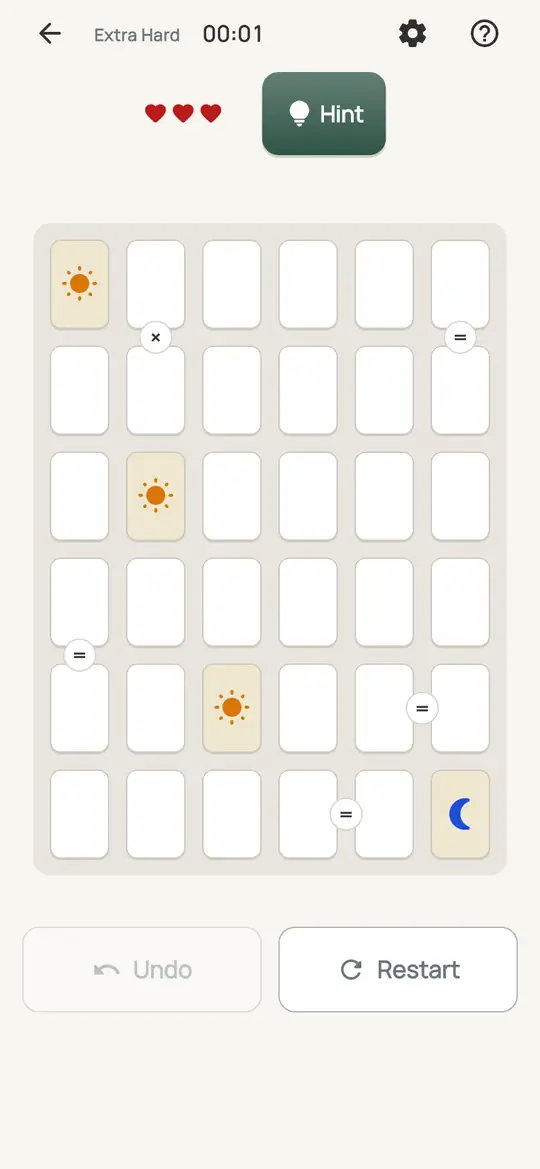 Equinox: the hint teaching Touching Pair on a real board. Find an = marker with both cells still empty. If one filling would make three in a row, the pair is the other symbol.