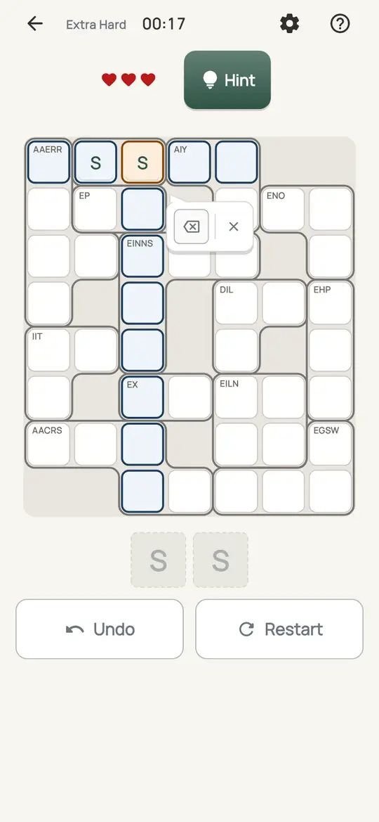 Loom: the hint teaching One Arrangement on a real board. A block where no single square is forced, but only one order of its letters makes real words.