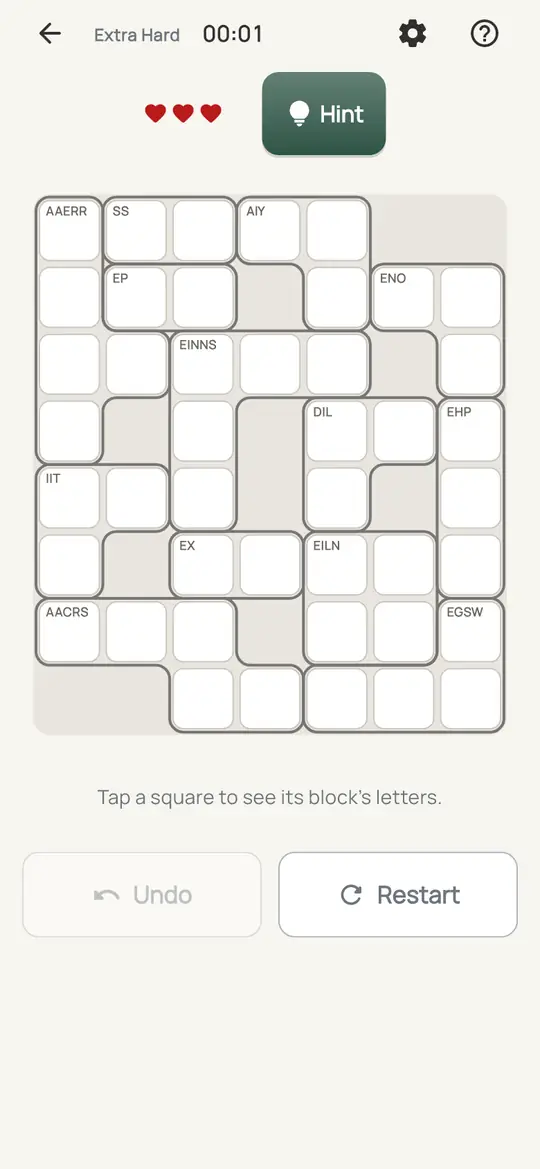Loom: the hint teaching Only Fit on a real board. A square where only one of its block's letters lets the words through it still be spelled.