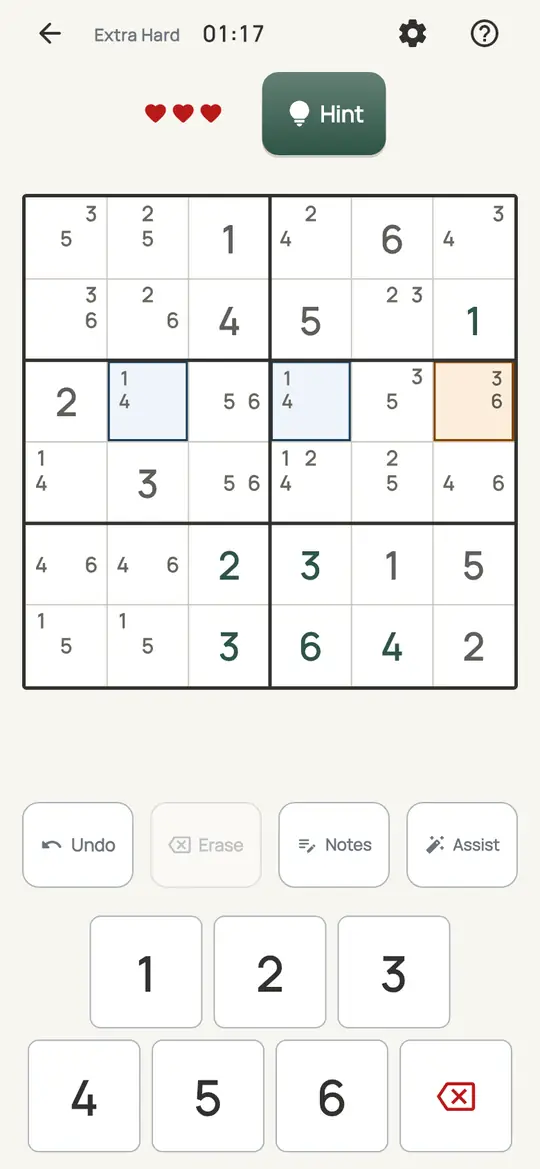 Mini Sudoku: the hint teaching BUG on a real board. Every empty square has exactly two notes except one, which has three.