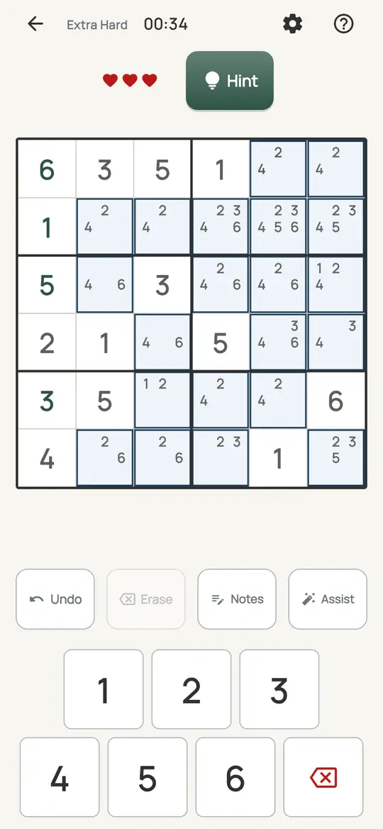 Mini Sudoku: the hint teaching Hidden Single on a real board. A digit that has only one possible square left in some row, column or box.