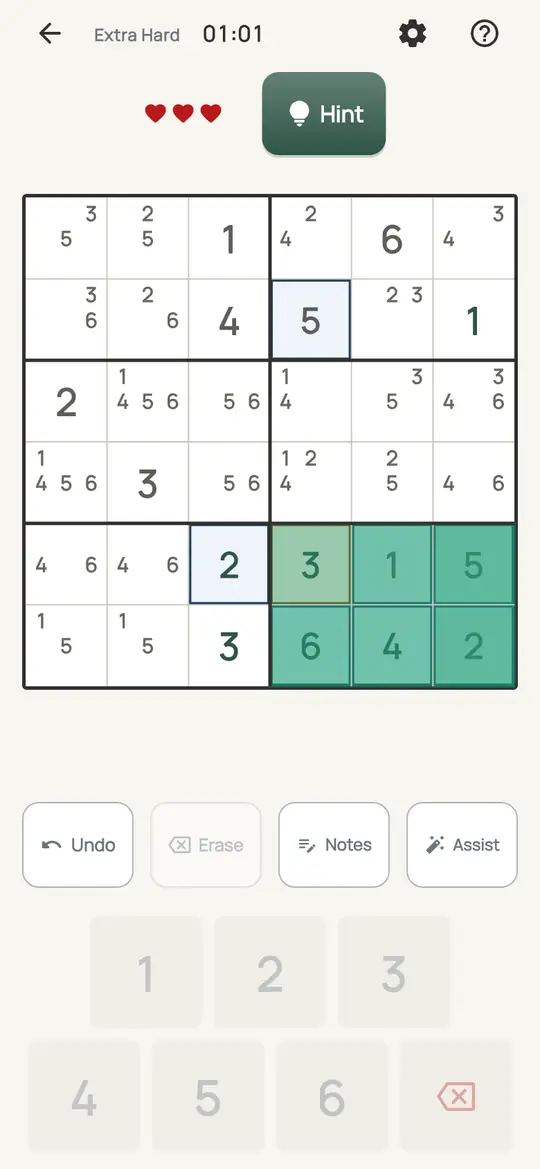 Mini Sudoku: the hint teaching Naked Pair on a real board. Two squares in one row, column or box whose notes are the same two digits.