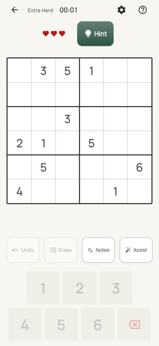 Mini Sudoku: the hint teaching Naked Single on a real board. An empty square where every digit but one is already in its row, column or box.