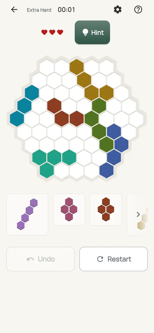 Mosaic Hive: the hint teaching Only Cover on a real board. Find a cell that only one piece, in one position, can cover. That piece has to go there.