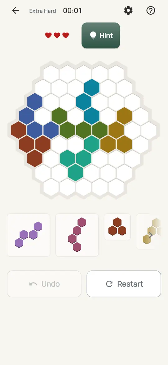 Mosaic Hive: the hint teaching Only Fit on a real board. Find a piece that has only one spot left on the board. That is where it goes.