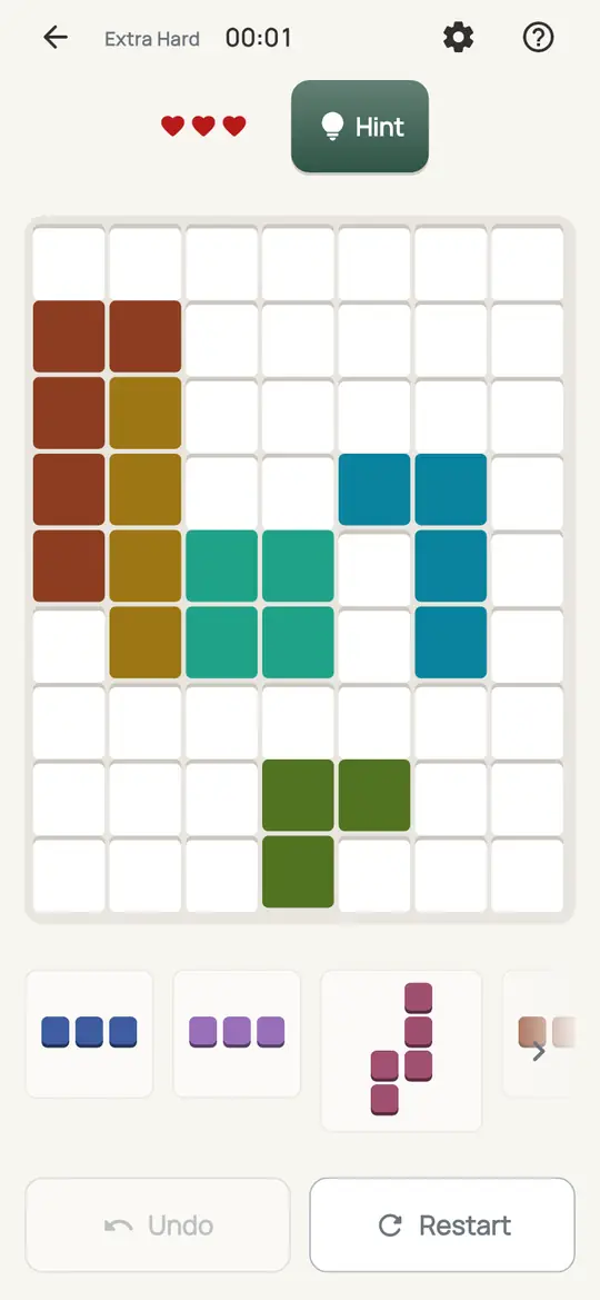 Mosaic: the hint teaching Only Cover on a real board. Find a square that only one piece, in one position, can cover. That piece has to go there.
